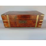 19th century fruitwood and brass banded writing slope, the hinged lid inlaid with opposing deer