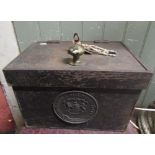 A small impregnable fire proof chest enclosed by a single door with faceted knob handle (complete