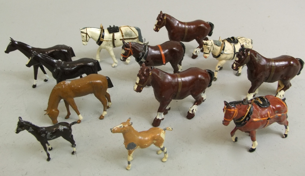 Collection of 13 W Britains farm and other horses, many in harness