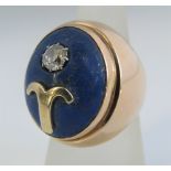 Unusual gentlemen's zodiac ring, the lapis lazuli cabochon set with a single cushion cut diamond