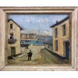 Guy Lipscombe (20th century British) - harbour scene with figures, oil on board, signed with