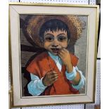 Peter Carl Barrett - Half length portrait of a boy in a straw hat - Juanito, oil on canvas,