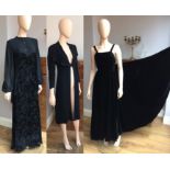 Three 1930s black ladies evening garments; full length dress in a velvet flocked sheer fabric with