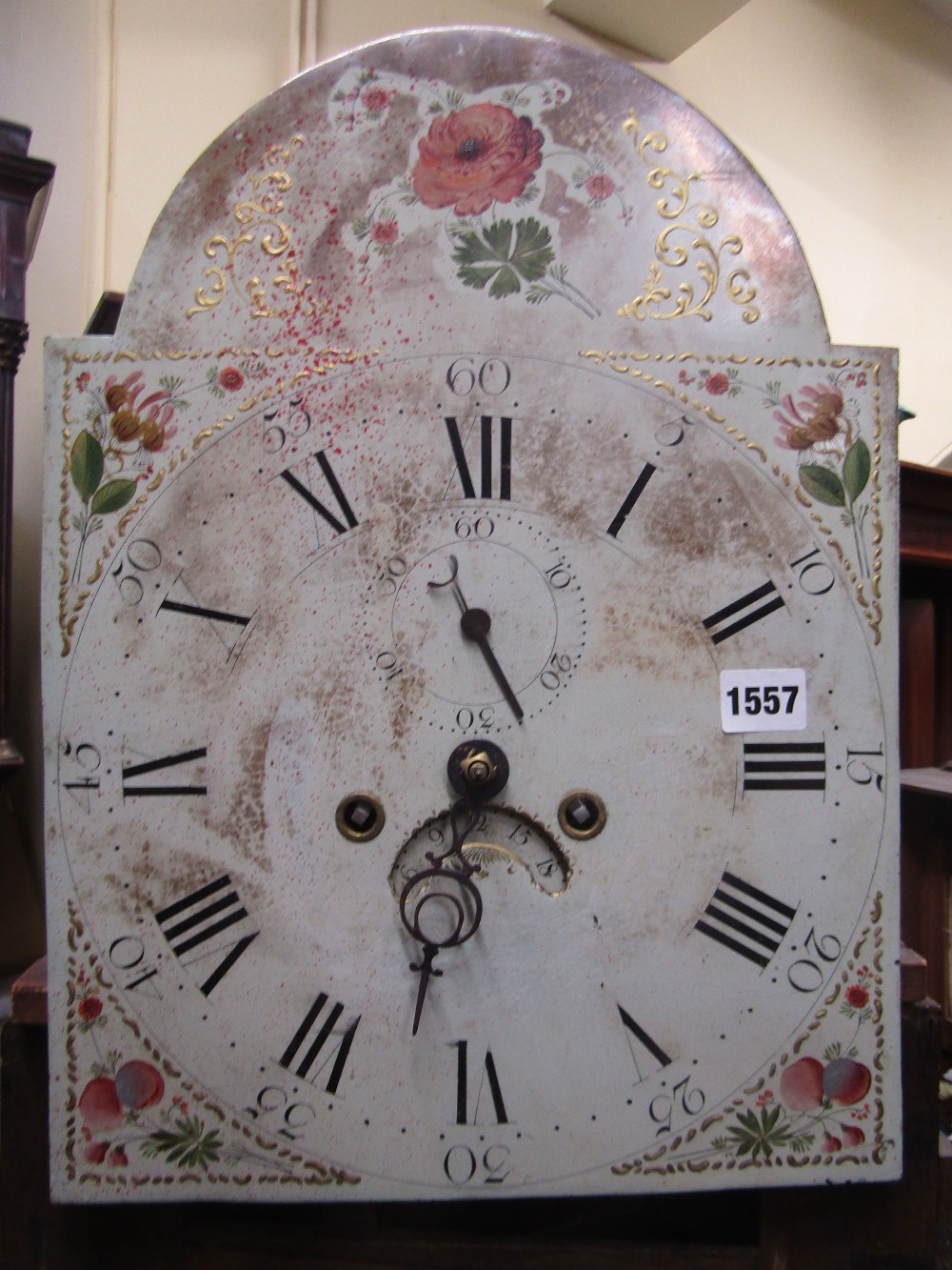 A Georgian oak longcase clock (lacks hood) enclosing a broken arch painted dial with floral - Image 2 of 3