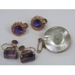 Two pairs of faceted amethyst earrings with screw fastenings; one pair stamped 9ct, together with