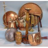 Collection of various antique copper ware to include a helmet coal scuttle, warming pan, kettle, etc