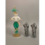 A Murano type glass figure with gilt decoration, 37 cm high; together with two silvered cast metal