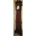 A 19th century long case clock, the pine case of tapering form with original stencilled simulated