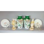 Six etched champagnes glasses, pair of 19th century opaque glass vases, pair of bisque figures and