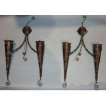 Pair of bespoke brass conical twin branch wall lights, with patinated decoration, 60cm high (2)