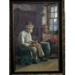 Early 20th century British school - Study of an elderly fisherman making a net in an interior