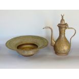 Interesting antique Turkish or Syrian inlaid brass ewer and bowl set, the bowl 31cm diameter (2)