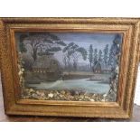 An unusual pair of deep gilt frames, each enclosing a diorama incorporating a water mill and other