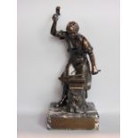 Cast bronze study of a blacksmith working at his anvil, upon a white veined black marble base,