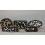 A collection of Chinese mother of pearl inlaid treen boxes, to include three rectangular and a
