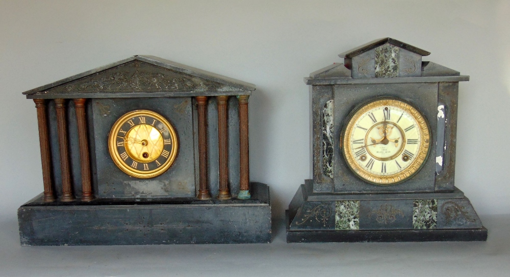 Two 19th century and later black slate mantle clocks, one with open escapement, the other in an