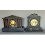 Two 19th century and later black slate mantle clocks, one with open escapement, the other in an