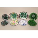 A collection of 19th century majolica dessert wares including a blue ground fruiting vine detail