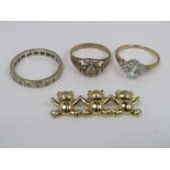 Three 9ct items comprising two dress rings to include an aquamarine and diamond set example and a