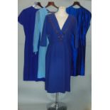 Four 1950s-60s cocktail dresses including blue silk taffeta dress, purple sheath dress, pale blue