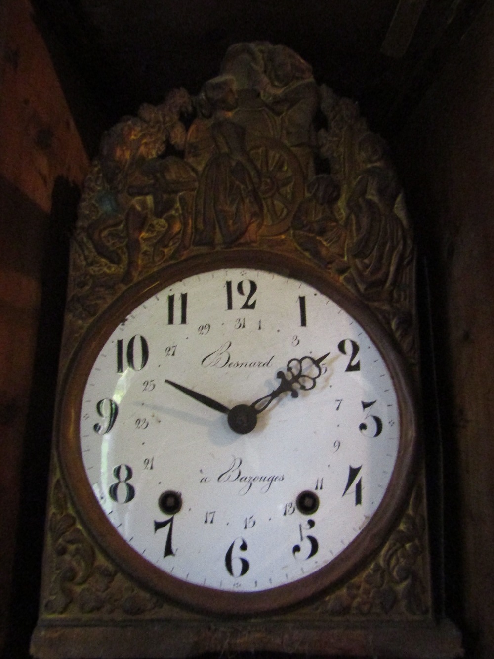 A 19th century long case clock, the pine case of tapering form with original stencilled simulated - Image 2 of 2