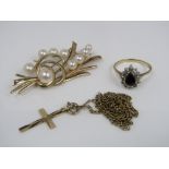 Three 9ct items comprising a sapphire and diamond ring, size L/M, a cultured pearl brooch of