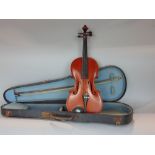 Early 20th century cased full size violin, with makers label "Anton Hestel", within a case with bow