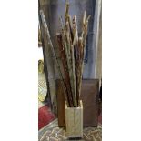 A bundle of eighteen rustic walking sticks housed within a contemporary stand