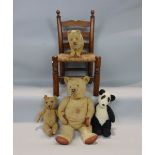 A box containing a collection of antique mohair style bears together with a dolls strung seat,