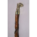 Interesting twisted walking stick with cast metal dog head finial