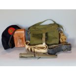 A collection of military related items to include a Royal Marines hat, a hunting knife, a utility