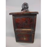 Antique oak wall hanging candle box with hinged top and single drawer, 40cm high