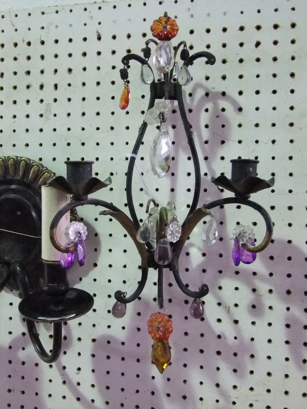 Pair of Venetian style fancy wrought iron twin branch wall lights, with various prismatic drops - Image 2 of 3