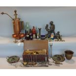 A box of miscellaneous items to include a vintage copper spraying pump, a collection of resin