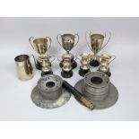 A mixed metalware lot to include two antique pewter ink stands, a collection of silver plated