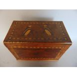 Tunbridge ware games box, the hinged lid decorated with two opposing penguins, 12cm long