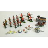 Eleven piece military band, four crouching riflemen, first aid wagon, etc