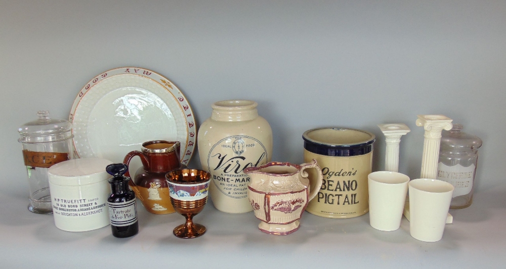 A mixed collection of 19th century advertising and apothecary items to include two lidded glass