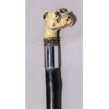 Ebonised walking stick with carved bull dog head finial with glass eyes