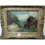 Alfred Thornton - Landscape with country lane, oil on board, signed, with label verso - Lane at