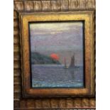 20th century British school - Coastal scene with sailing boat at sunset, oil on board, inscribed