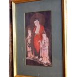 An eastern coloured study of three immortals, with gilt highlights, 34 x 18cm, in gilt frame