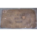 One lot of vintage hessian sacks with various printed merchants advertising