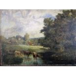 19th century British school - Study of cattle watering in landscape with distant buildings, oil on