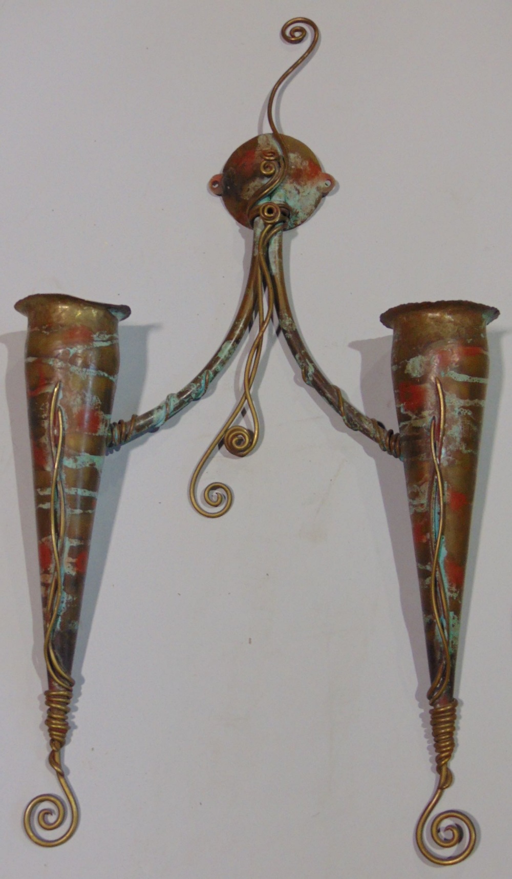 Pair of bespoke brass conical twin branch wall lights, with patinated decoration, 60cm high (2) - Image 2 of 2