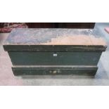A vintage green painted pine carpenters portable tool chest, the hinged lid enclosing removable