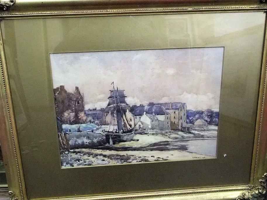 G Graham - Study of a harbour, watercolour, signed and dated 1916, 25 x 35cm, in moulded gilt frame,