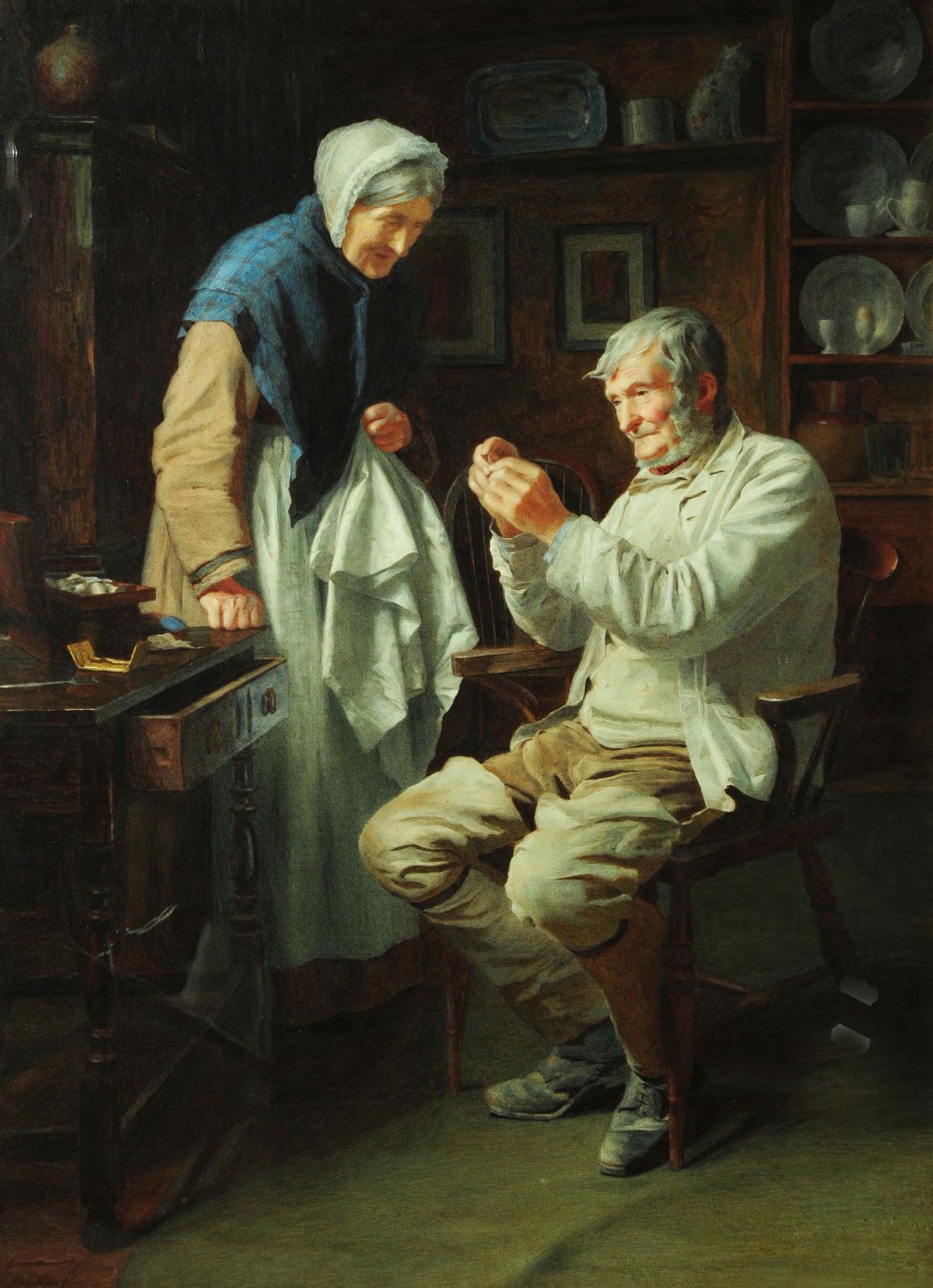 James Hayllar British 1829-1920 - Interior scene with elderly couple, he threading a needle - The