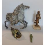 An interesting collection of metal ware to include a patinated bronze study of an Egyptian tomb,