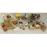 A collection of W Britains farm effects, open wagon and two horses, trap and pony, several farm